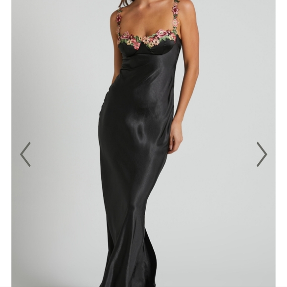 Dress ~ Black Satin Maxi Dress with Floral Detail Cup/Bust Sweetheart neck-line - Picture 4 of 15